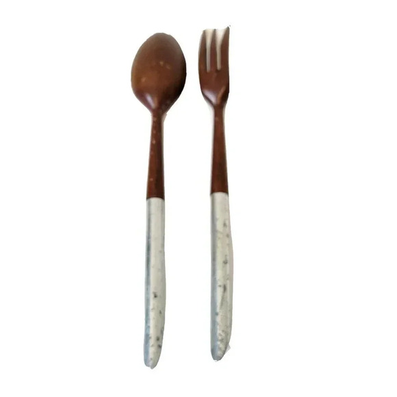 Mid Century Modern Salad Set Spoon Fork France 1960s Wood Metal MCM 11 3/4" - Picture 2 of 4